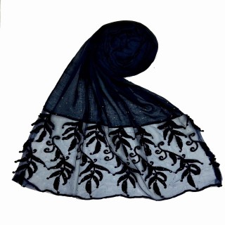 Premium Designer Leaf Cotton Stole- Navy Blue